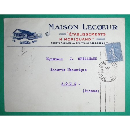 N°161 SEMEUSE BELLE ENVELOPPE PUB ILLUSTREE MAISON LECOEUR PARIS POUR ZOUG SUISSE 1923