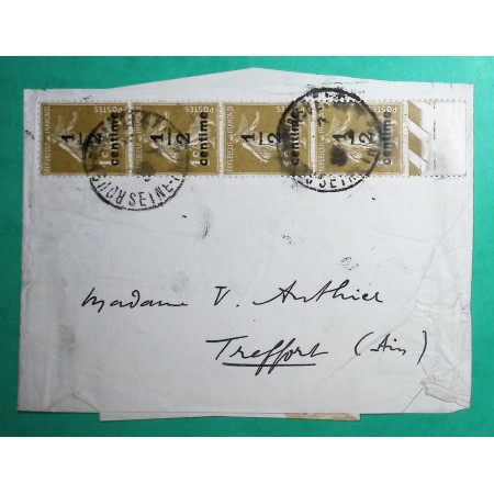 N°279A BANDE DE 4 SEMEUSE SURCHARGE 1/2 CENTIME BANDE DE JOURNAL ROUEN POUR TREFFORT AIN