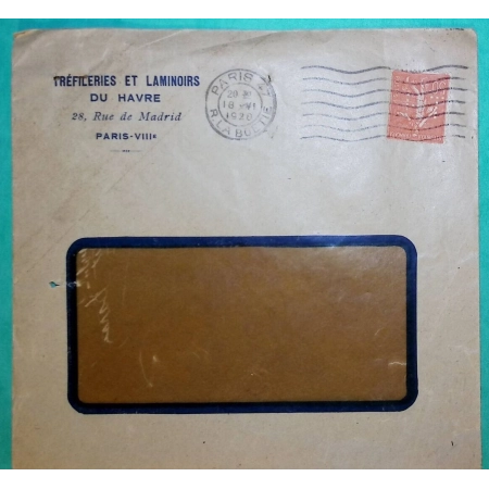N°199 SEMEUSE PERFORE HT TREFILERIES DU HAVRE PARIS RUE DE LA BOETIE POUR POITIERS VIENNE 1920 LETTRE COVER FRANCE