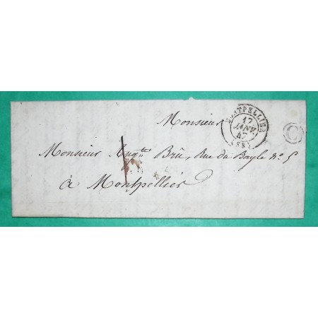 CAD TYPE 15 MONTPELLIER HERAULT BOITE RURAL C PIGNAN CORRESPONDANCE LOCALE TAXE 1 POUR MONTPELLIER 1847