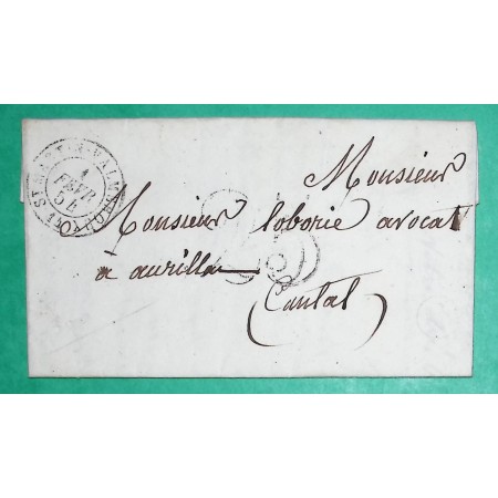 CAD TYPE 15 ST MARTIN DE VALMEROUX CANTAL BOITE RURALE B LA PEIRE ST DOLUS POUR AURILLAC TAXE 25 1854