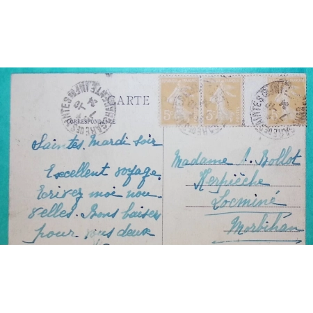 N°158 x3 SEMEUSE INTERPANNEAU CAD GARE DE SAINTES CHARENTE INFERIEURE CARTE POSTALE POUR LOCMINE MORBIHAN 1924 FRANCE