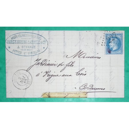 N°29 GC 227 AUMETZ MOSELLE DEPART FORGES D'OTTANGE + BUREAU DE PASSE 2351 MEZIERES ARDENNES VERSO POUR VRIGNE AUX BOIS 1868