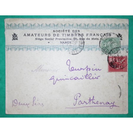N°111 + 112 BLANC MOUCHON BELLE ENVELOPPE SOCIETE DES AMATEURS DE TIMBRES FRANCAIS NANCY MEURTHE ET MOSELLE 1901