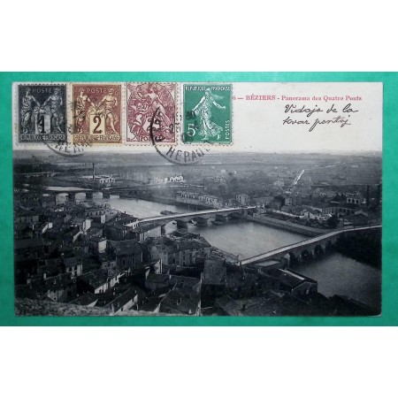 N°83 + 84 + 108 + 137 SAGE BLANC SEMEUSE BEL AFFRANCHISSEMENT CARTE POSTALE BEZIERS HERAULT 1908