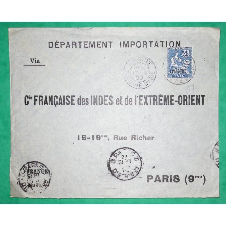 25C MOUCHON RETOUCHE LEVANT CAD SMYRNE TURQUIE D'ASIE LETTRE POUR COMPAGNIE FRANCAISE DES INDES EXTREME ORIENT PARIS 1909