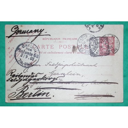 ENTIER MOUCHON 10C RETOUCHE CARTE POSTALE PARIS POUR LONDRES ANGLETERRE REEXP BERLIN ALLEMAGNE 1903