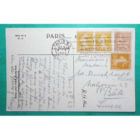 N°117 + 158 x4 MOUCHON SEMEUSE BEL AFFRANCHISSEMENT CARTE POSTALE PARIS POUR BALE SUISSE 1923
