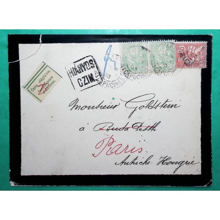 N°111 x2 + 125 MIXTE BLANC MOUCHON LETTRE PARIS POUR BUDAPEST HONGRIE HIANYDS CZIM ETIQUETTE INSUFFISANCE D'ADRESSE 1903