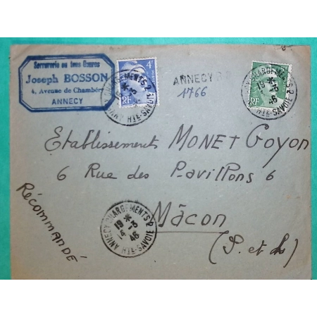 N°717 + 719 MARIANNE DE GANDON RECOMMANDE PROVISOIRE ANNECY CHARGEMENTS HAUTE SAVOIE POUR MACON SAONE ET LOIRE 1946