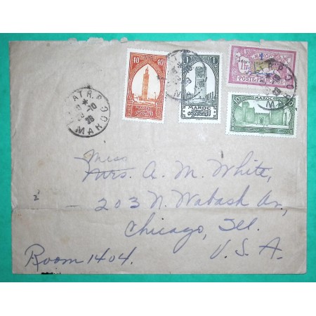 1F MERSON POSTE FRANCAISE MAROC MIXTE TIMBRES MAROCAINS LETTRE RABAT POUR CHICAGO ETATS UNIS USA 1928