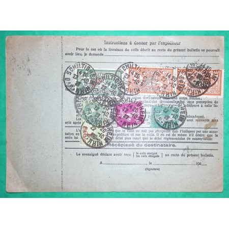 N°145 + 159 + 190 + 207 10F MERSON SEMEUSE + TIMBRE FISCAL 1F BULLETIN EXPEDITION SCHILTIGHEIM BAS RHIN 1927