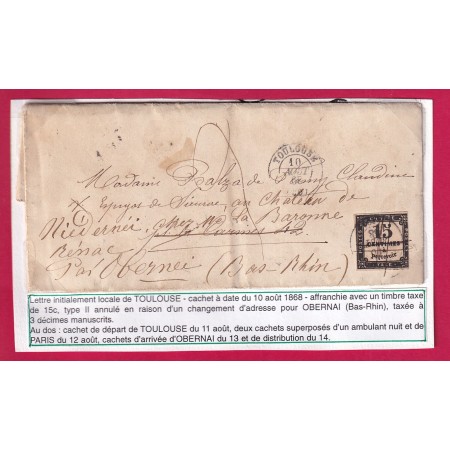 TAXE N°3 ANNULE A LA PLUME + TAXE REEPEDITION 3 MANUSCRITE DEPART TOULOUSE REEXPEDIE OBERNAI BAS RHIN