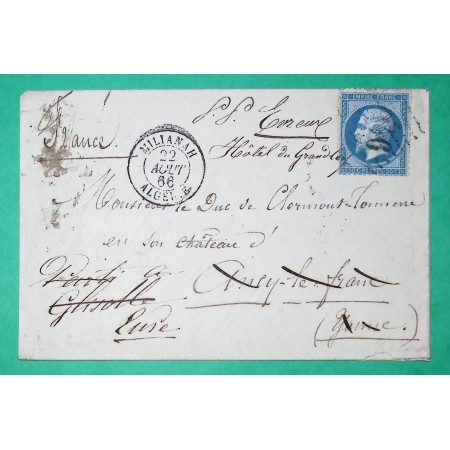 N°22 GC 5046 MILIANAH ALGERIE POUR ANCY LE FRANC YONNE REEXP EVREUX EURE 1866