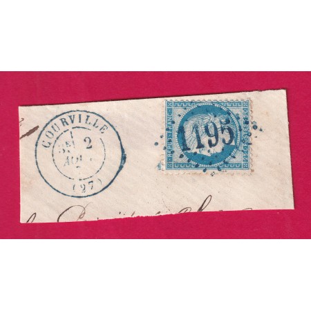 N°60 GC 1195 EN BLEU COURVILLE EURE ET LOIR CAD TYPE 17 EN BLEU SUR FRAGMENT TIMBRE BRIEFMARKEN STAMP