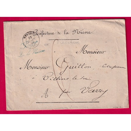 FRANCHISE PREFET LE LA NIEVRE NEVERS 1866 TAXE 6 DOUBLE PORT POUR VARZY LETTRE