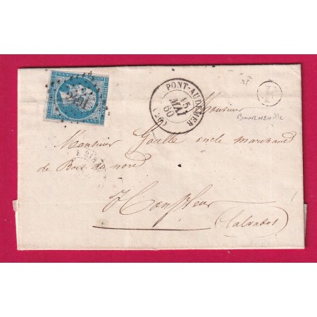N°14 PC 2491 PONT AUDEMER EURE BOITE RURALE F BOUZENVILLE POUR HONFLEUR CALVADOS LETTRE