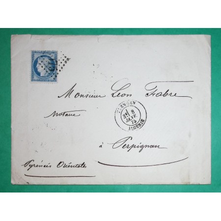 N°60C GC 5075 TLEMCEN ALGERIE POUR PERPIGNAN PYRENEES ORIENTALES AMBULANT MARSEILLE A LYON SPECIAL VERSO 1875
