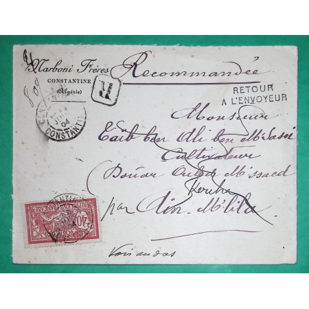 N°119 MERSON SEUL SUR LETTRE RECOMMANDE CONSTANTINE POUR AIN M'LILA RETOUR ENVOYEUR 1904