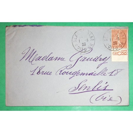 N°199 SEMEUSE BANDE PUBLICITAIRE LAME LE COQ LETTRE DIJON COTE D'OR POUR SENLIS OISE 1928
