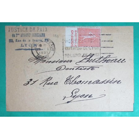 N°199 SEMEUSE BANDE PUBLICITAIRE BRETELLES CH.GUYOT LETTRE LYON RHONE 1931
