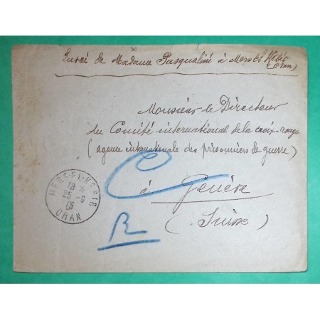 FRANCHISE MILITAIRE FM MERS EL KEBIR ALGERIE POUR CROIX ROUGE AGENCE PRISONNIERS DE GUERRE GENEVE SUISSE 1915 WW1