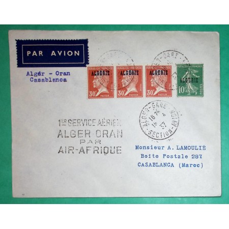 N°159 + N°173 x3 SEMEUSE PASTEUR SURCHARGE ALGERIE LETTRE PAR AVION 1er SERVICE AERIEN ALGER ORAN AIR AFRIQUE 1937