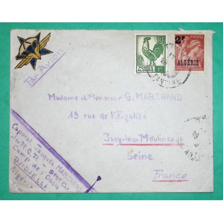 1F COQ ALGER + 2F IRIS ALGERIE FRANCHISE MILITAIRE TAXE AVION CAPORAL CAMP DE L'OASIS DJIDJELLI ALGERIE POUR ISSY LES MOULINEAUX