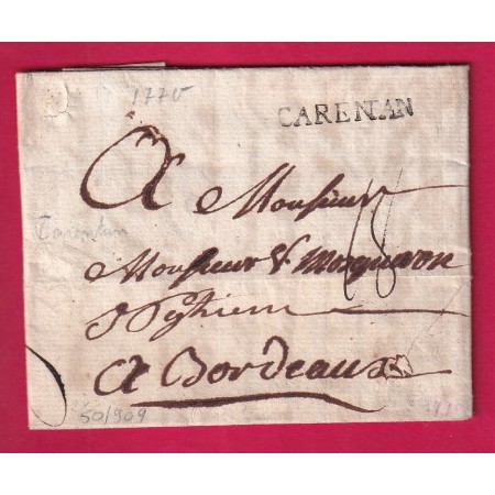 MARQUE CARENTAN MANCHE 1770 LENAIN N°2 INDICE 11 POUR BORDEAUX LETTRE