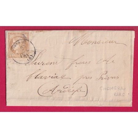 N°43A CAD TYPE 16 CHOMERAC ARDECHE 1871 POUR FLAVIAC TEXTE DE ST LAGER BRESSAC LETTRE