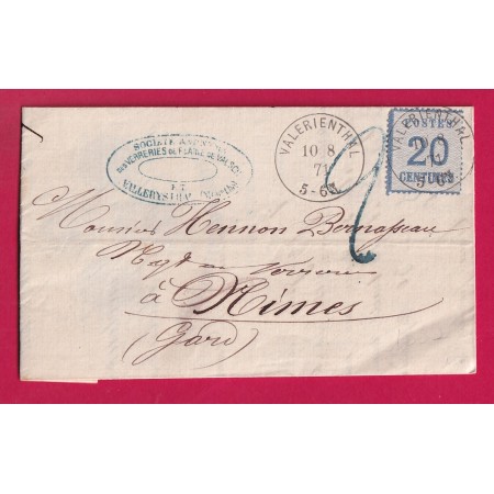 ALSACE LORRAINE N°6 VALERIENSTHAL VATTERYSTHAL MEURTHE ET MOSELLE TAXE TAMPON 2 EN BLEU ALLEMANDE NIMES GARD LETTRE