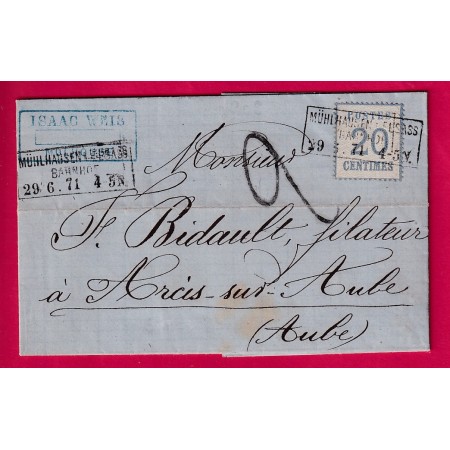 ALSACE LORRAINE N°6 MULHAUSEN ELSASS BAHNOFF MULHOUSE HAUT RHIN TAXE TAMPON 2 POUR ARCIS SUR AUBE  LETTRE