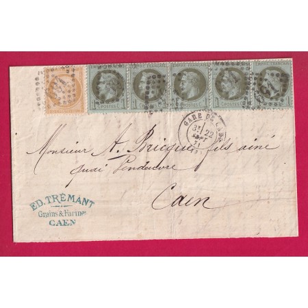 N°25 BANDE DE 5 + 36 TARIF LOCAL 22 SEPTEMBRE 1871 GARE DE CAEN POUR CAEN CALVADOS LETTRE