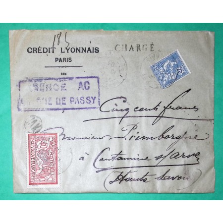N°119 + 127 MERSON MOUCHON LETTRE CHARGE CREDIT LYONNAIS PARIS POUR CONTAMINE SUR ARVE HAUTE SAVOIE 1903