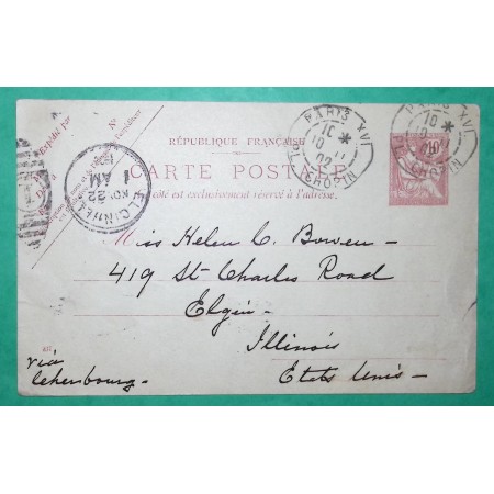 ENTIER MOUCHON 10C RETOUCHE PARIS POUR ELGIN ILLINOIS ETATS UNIS USA 1902