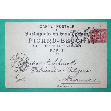 N°116 MOUCHON BELLE CARTE PUB HORLOGERIE PICARD BLOCH PARIS POUR BIENNE SUISSE 1902