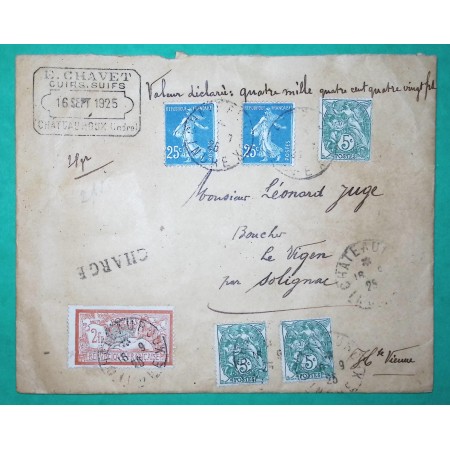 N°111 x3 + 140 x2 + 145 BLANC SEMEUSE MERSON LETTRE CHARGE CHATEAUROUX INDRE POUR SOLIGNAC HAUTE VIENNE 1925