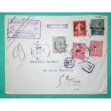 ENTIER 15C SEMEUSE TAXE REDUITE + COMPLEMENT AFFRANCHISSEMENT 111 + 129 x2 + 134 BLANC SEMEUSE SOL RECOMMANDE PARIS 1906