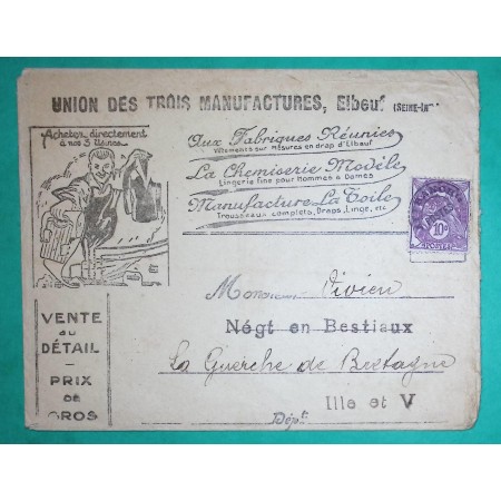 N°233 BLANC PREOBLITERE BELLE ENVELOPPE PUB ILLUSTREE UNION DES MANUFACTURE ELBEUF SEINE INFERIEURE