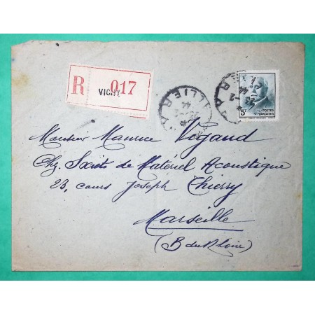 N°524 PETAIN MAZELIN 5F SEUL SUR LETTRE RECOMMANDE VICHY ALLIER POUR MARSEILLE 1944