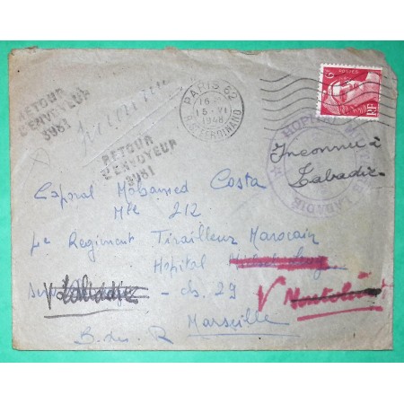 N°721A GANDON LETTRE POUR TIRAILLEUR MAROCAIN HOPITAL MILITAIRE LABADIE PARIS POUR MARSEILLE RETOUR ENVOYEUR 3981
