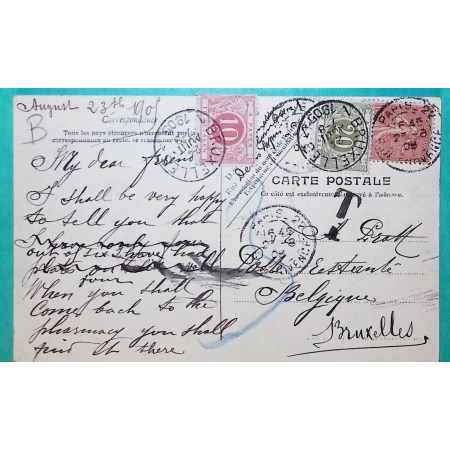 N°129 SEMEUSE + TIMBRES TAXES BELGES POSTE RESTANTE CARTE POSTALE GARE LES VALLEES PARIS POUR BRUXELLES BELGIQUE 1908