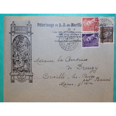 N°412 + 413 + 512 MIXTE MERCURE PETAIN BELLE ENVELOPPE ILLUSTREE PELERINAGE NOTRE DAME DE MARILLAIS MAINE ET LOIRE 1942