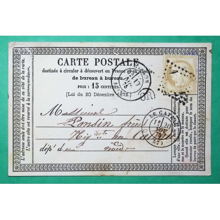 N°55 CARTE PRECURSEUR GC 1802 HIRSON AISNE OR ORIGINE RURALE OHIS POUR LE CATEAU NORD 1875