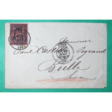 N°91 SAGE 25C NOIR SUR ROUGE LETTRE LYON RHONE POUR BULLE SUISSE 1879