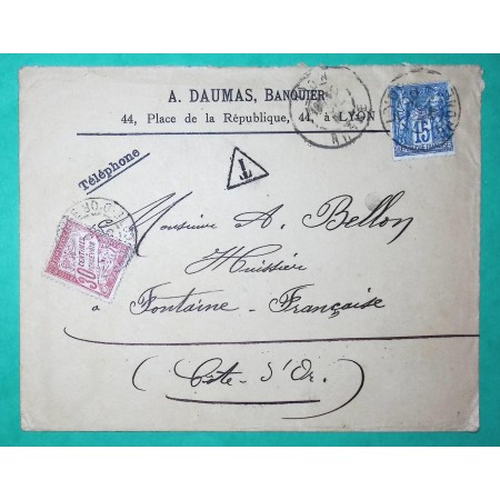 N°90 SAGE + TAXE DUVAL 30C LETTRE LYON RHONE POUR FONTAINE FRANCAISE COTE D'OR 1897