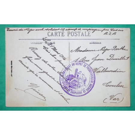 FRANCHISE MILITAIRE FM PRISONNIERS DE GUERRE CARPIAGNE BOUCHES DU RHONE POUR TOULON VAR CARTE POSTALE 1916 WW1