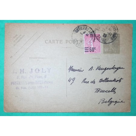 ENTIER 40C SEMEUSE + COMPLEMENT AFFRANCHISSEMENT N°224 SEMEUSE SURCHARGE FONTENAY SOUS BOIS POUR BRUXELLES BELGIQUE 1929