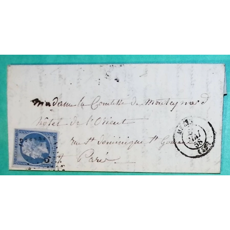 N°14 BLEU SUR LILAS PC 1995 MEZIN LOT ET GARONNE POUR PARIS 1858 LETTRE COVER FRANCE