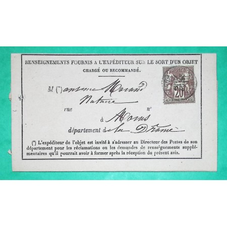 N°67 SAGE 20C BRUN TYPE I AVIS D'EXPETIDITION SATILLIEU ARDECHE POUR MORAS DROME 1877